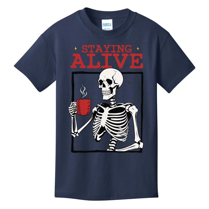 Spooky Vibe Coffee Skeleton Halloween Staying Alive Meme Kids T-Shirt