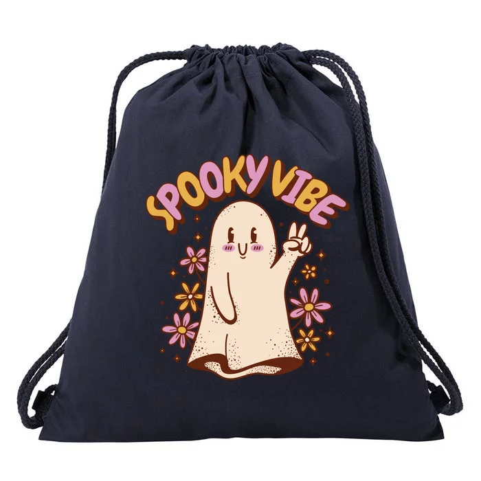 Spooky Vibe Cute Hippie Ghost Drawstring Bag