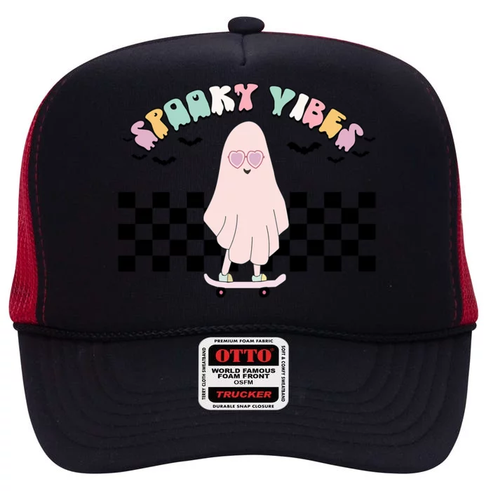 Spooky Vibes Cute Ghost On Skateboard Funny Boo Halloween Gift High Crown Mesh Trucker Hat