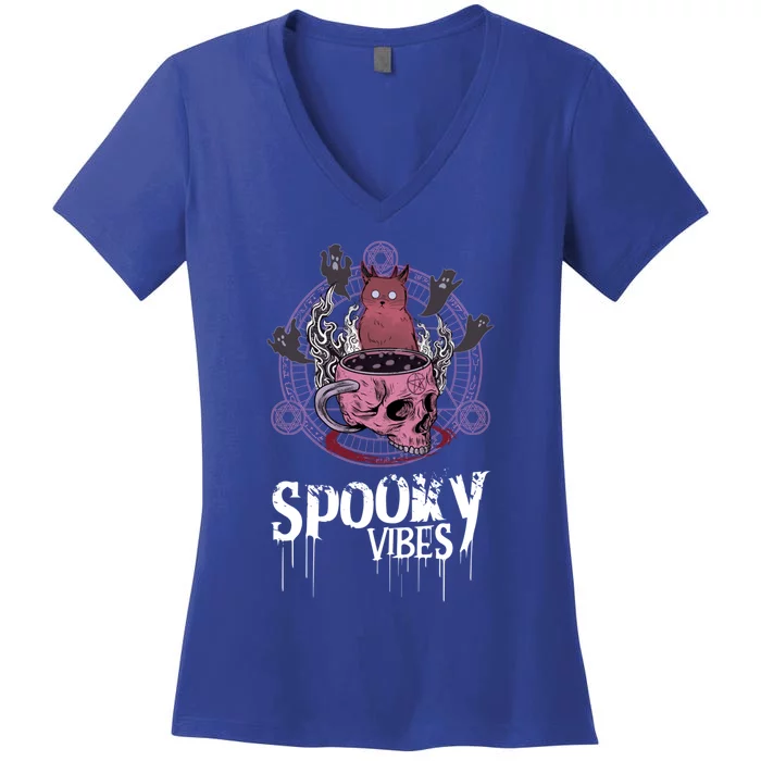 Spooky Vibes Cat Ghost And Skull Halloween Mug Gift Women's V-Neck T-Shirt