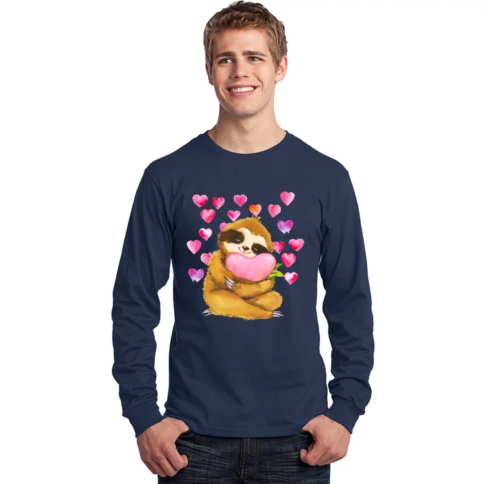 Sloth Valentine's Day Cute Sloth Hugging A Heart Long Sleeve Shirt