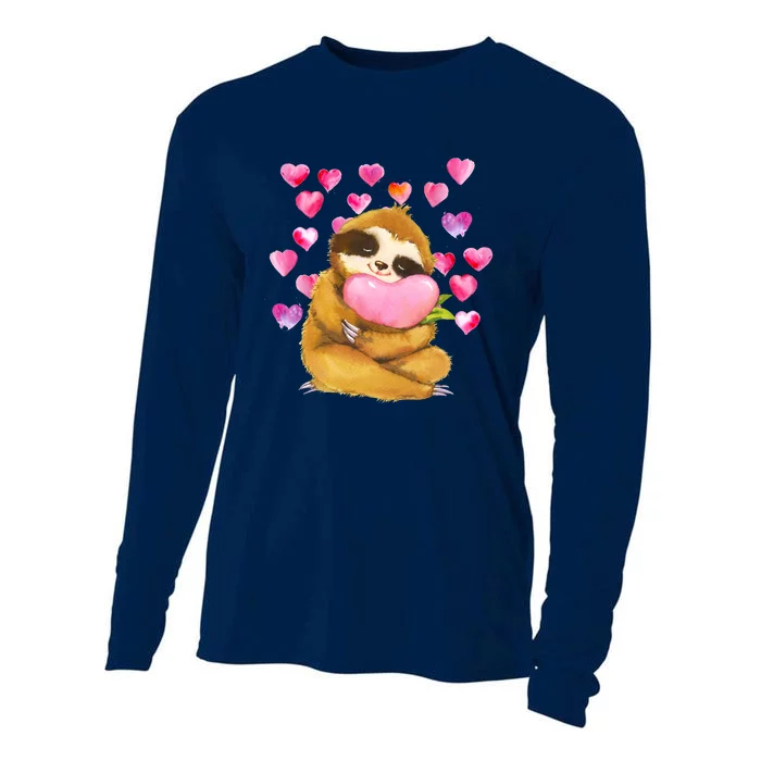 Sloth Valentine's Day Cute Sloth Hugging A Heart Cooling Performance Long Sleeve Crew