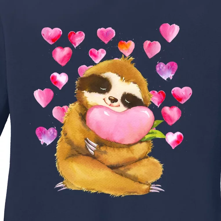 Sloth Valentine's Day Cute Sloth Hugging A Heart Ladies Long Sleeve Shirt