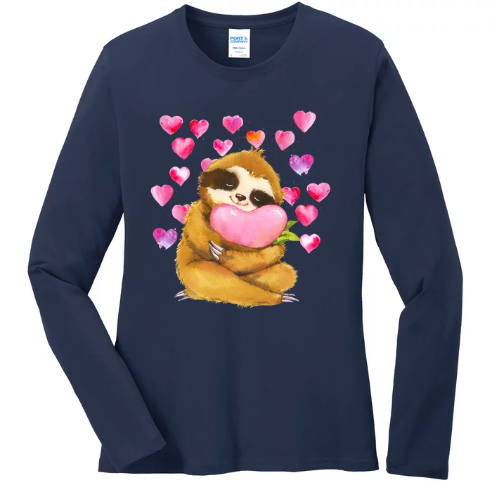 Sloth Valentine's Day Cute Sloth Hugging A Heart Ladies Long Sleeve Shirt