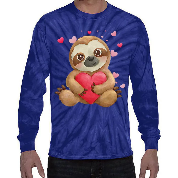 Sloth Valentine's Day For Women Heart Tie-Dye Long Sleeve Shirt