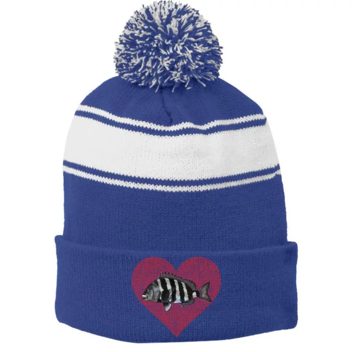 Sheepshead Valentines Day Fish Love Fingerprint Meaningful Gift Stripe Pom Pom Beanie