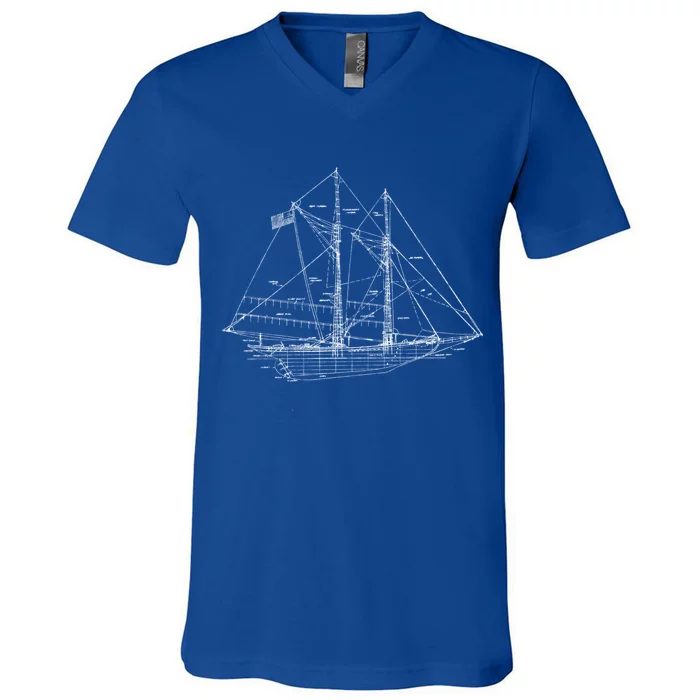 Sailboat Vintage Distressed Blueprint Sailboat Vacation Gift V-Neck T-Shirt