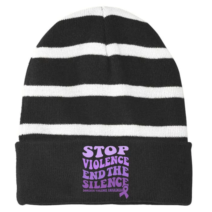 Stop Violence End the Silence Domestic Violence Awareness Striped Beanie with Solid Band