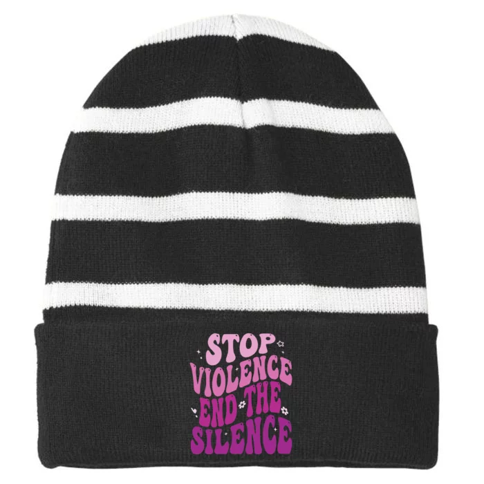 Stop Violence End the Silence Stop Domestic Violence Striped Beanie with Solid Band