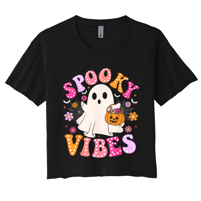 Spooky Vibes Ghost Retro Groovy Halloween Women Women's Crop Top Tee