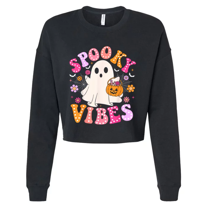 Spooky Vibes Ghost Retro Groovy Halloween Women Cropped Pullover Crew