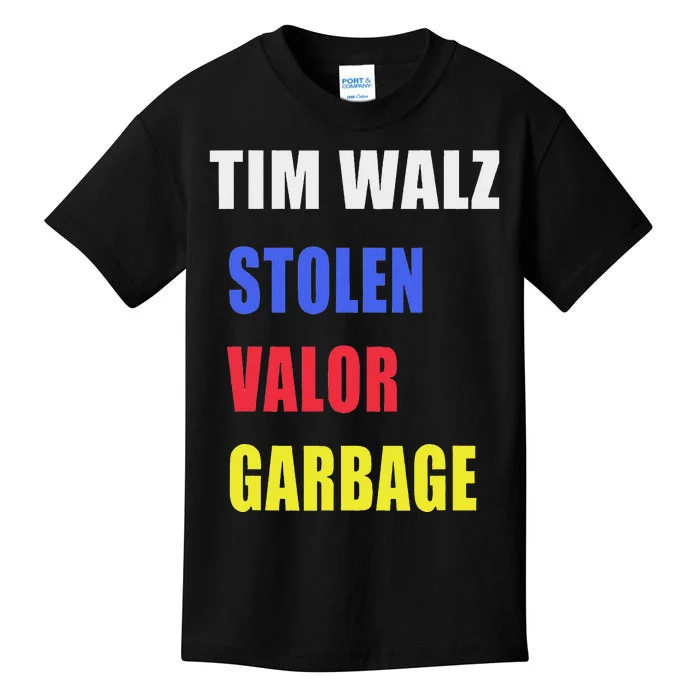 Stolen Valor Garbage Tim Walz Kids T-Shirt