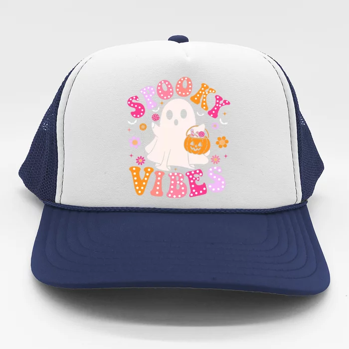 Spooky Vibes Ghost Retro Groovy Halloween Trucker Hat