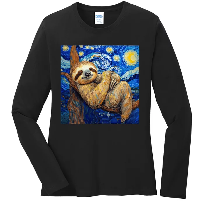 Sloth Van Gogh Style Starry Night Ladies Long Sleeve Shirt