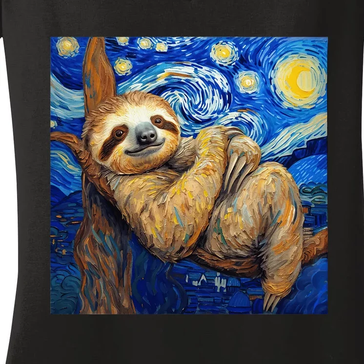 Sloth Van Gogh Style Starry Night Women's V-Neck T-Shirt