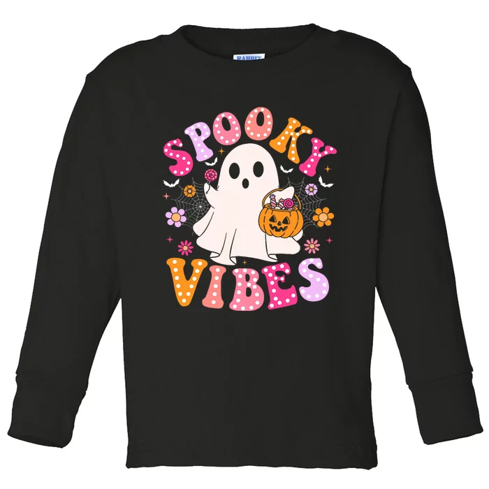 Spooky Vibes Ghost Retro Groovy Halloween Toddler Long Sleeve Shirt