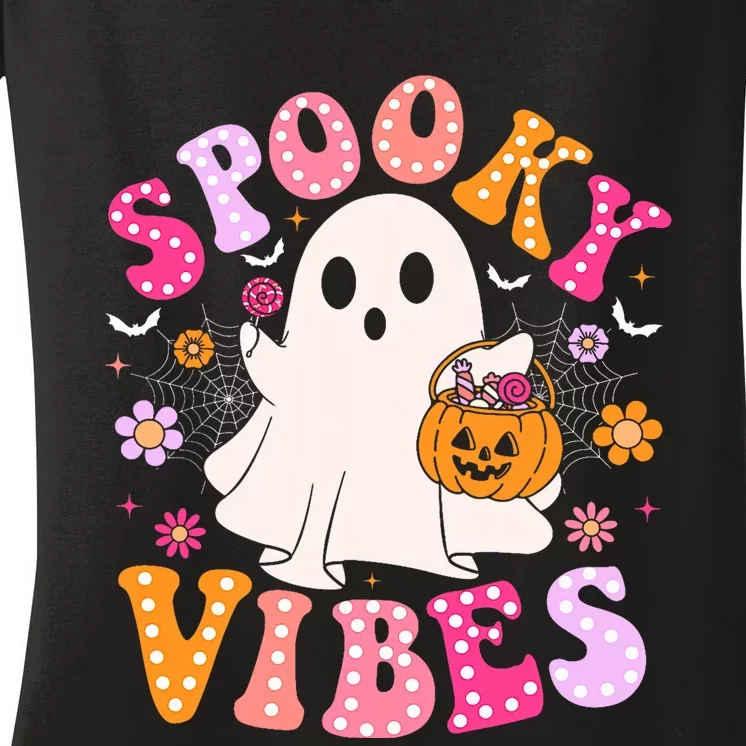 Spooky Vibes Ghost Retro Groovy Halloween Women's V-Neck T-Shirt