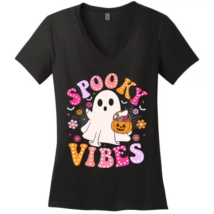 Spooky Vibes Ghost Retro Groovy Halloween Women's V-Neck T-Shirt