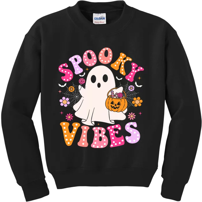 Spooky Vibes Ghost Retro Groovy Halloween Kids Sweatshirt