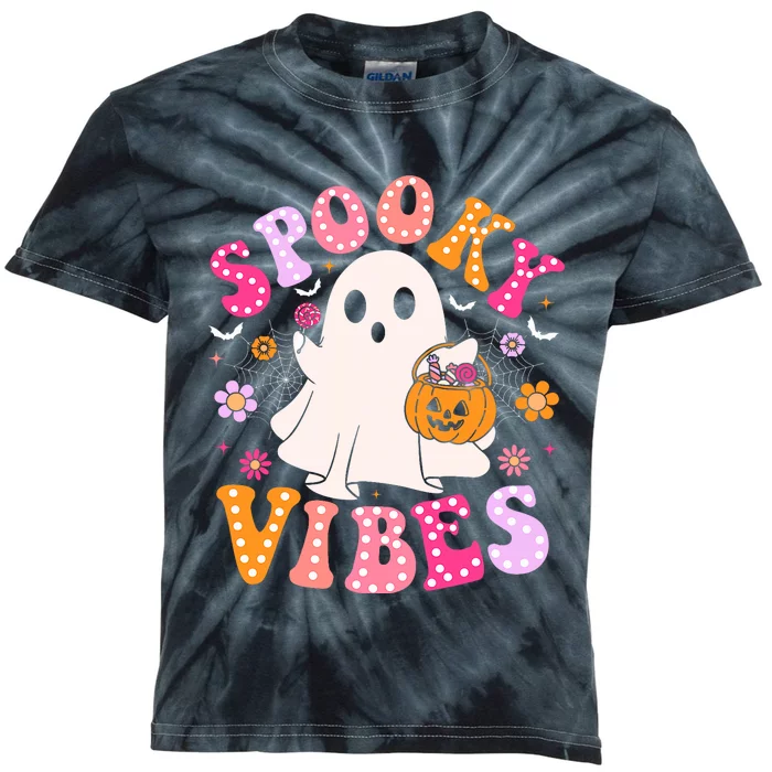 Spooky Vibes Ghost Retro Groovy Halloween Kids Tie-Dye T-Shirt