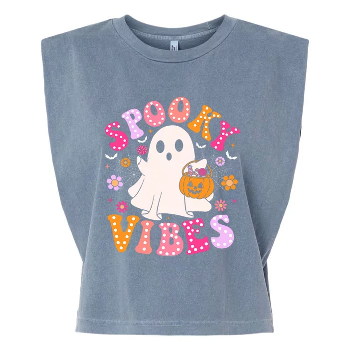 Spooky Vibes Ghost Retro Groovy Halloween Garment-Dyed Women's Muscle Tee