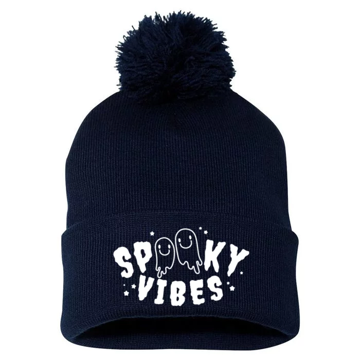 Spooky Vibes Halloween Ghost Cute Pom Pom 12in Knit Beanie