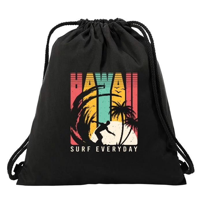 Surfing Vintage Hawaii Tropical Palm View Surfing Gift Drawstring Bag