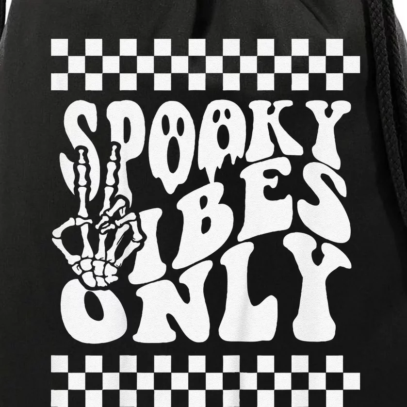 Spooky Vibes Only Halloween Skeleton Peace Checkered Drawstring Bag