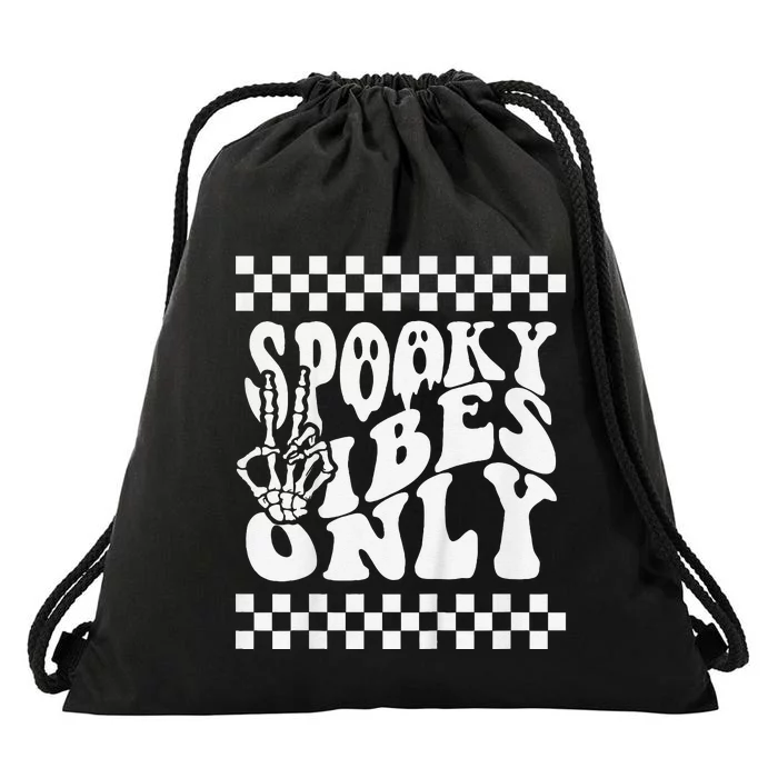 Spooky Vibes Only Halloween Skeleton Peace Checkered Drawstring Bag