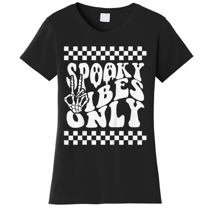 Spooky Vibes Only Halloween Skeleton Peace Checkered Women's T-Shirt