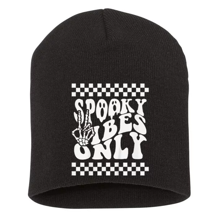 Spooky Vibes Only Halloween Skeleton Peace Checkered Short Acrylic Beanie