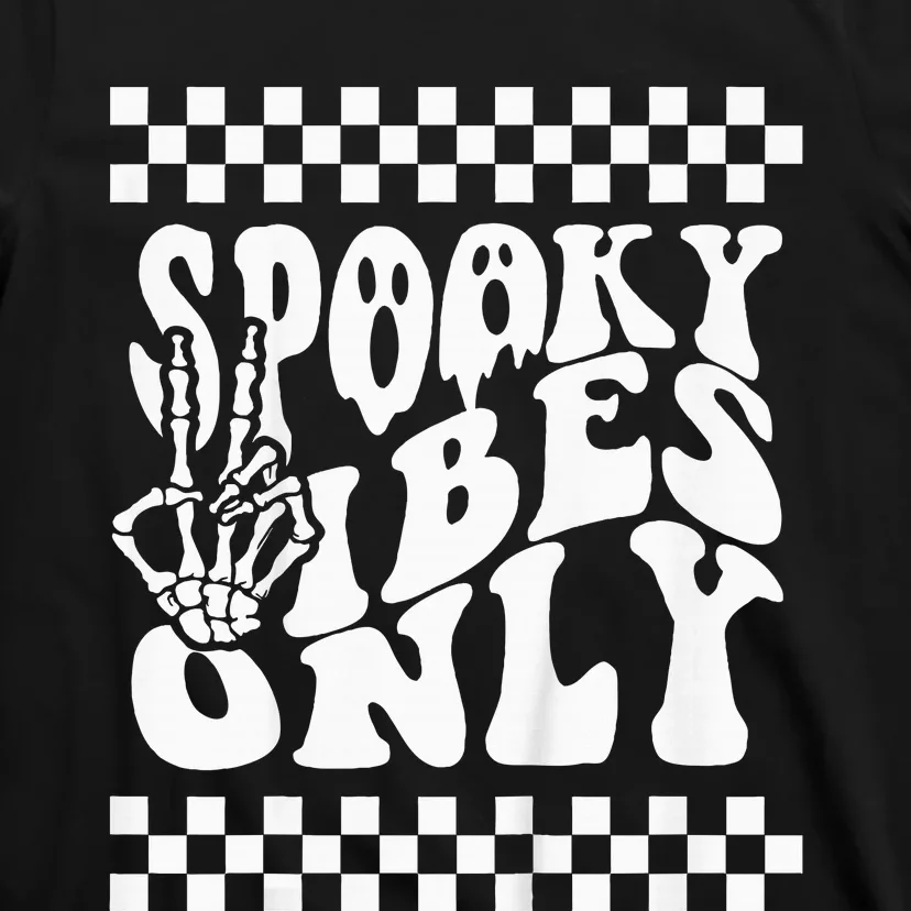 Spooky Vibes Only Halloween Skeleton Peace Checkered T-Shirt