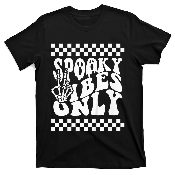 Spooky Vibes Only Halloween Skeleton Peace Checkered T-Shirt