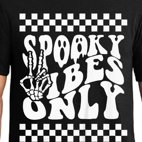 Spooky Vibes Only Halloween Skeleton Peace Checkered Pajama Set