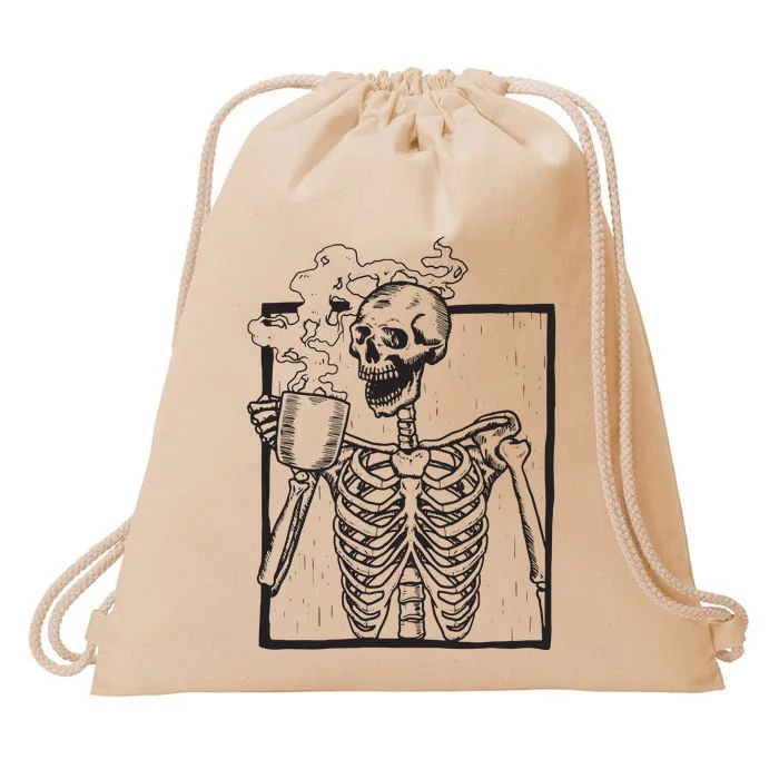 Skeleton Vintage Picture With Smiling Skull Drinking Coffee Drawstring Bag