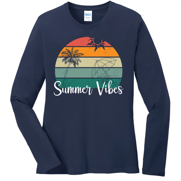 Summer Vibes Palm Trees Retro Sunset Ladies Long Sleeve Shirt