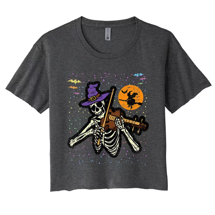 Skeleton Violin Player Halloween Costume Violinist Musician Women's Crop Top Tee