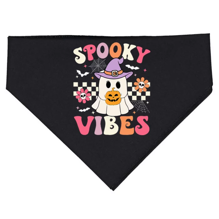 Spooky Vibes Retro Ghost Holding Pumpkin Halloween USA-Made Doggie Bandana