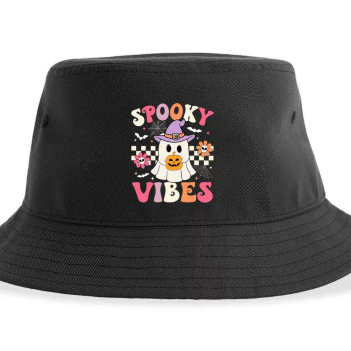 Spooky Vibes Retro Ghost Holding Pumpkin Halloween Sustainable Bucket Hat