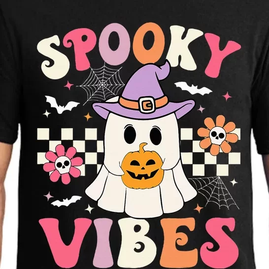 Spooky Vibes Retro Ghost Holding Pumpkin Halloween Pajama Set