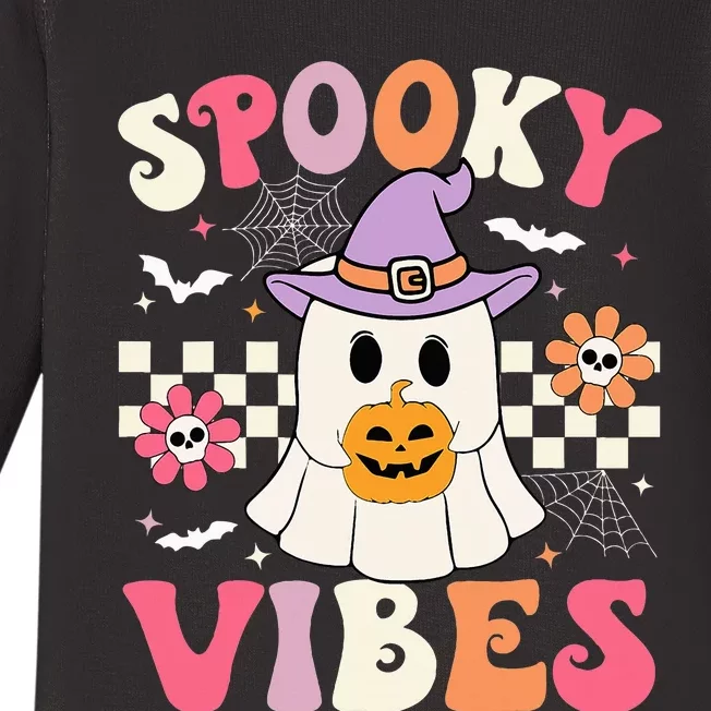 Spooky Vibes Retro Ghost Holding Pumpkin Halloween Baby Long Sleeve Bodysuit