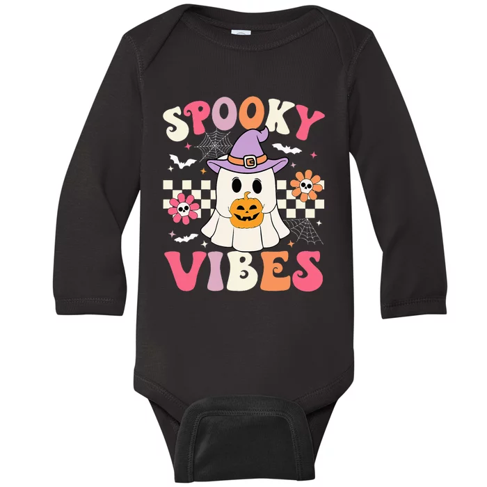 Spooky Vibes Retro Ghost Holding Pumpkin Halloween Baby Long Sleeve Bodysuit