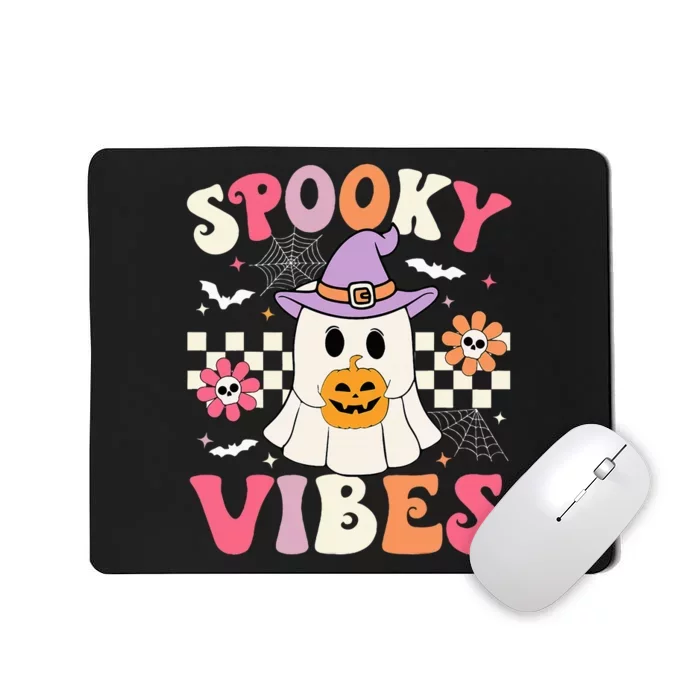 Spooky Vibes Retro Ghost Holding Pumpkin Halloween Mousepad