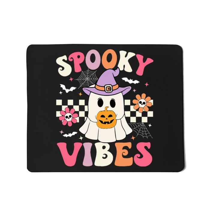 Spooky Vibes Retro Ghost Holding Pumpkin Halloween Mousepad