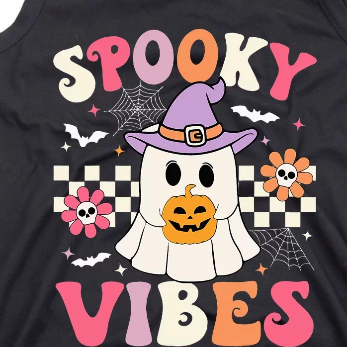 Spooky Vibes Retro Ghost Holding Pumpkin Halloween Tank Top