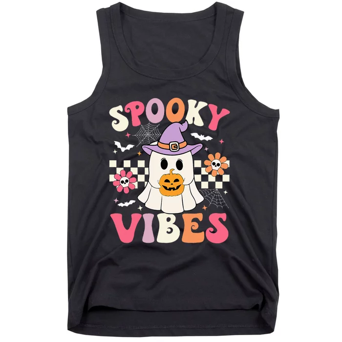 Spooky Vibes Retro Ghost Holding Pumpkin Halloween Tank Top