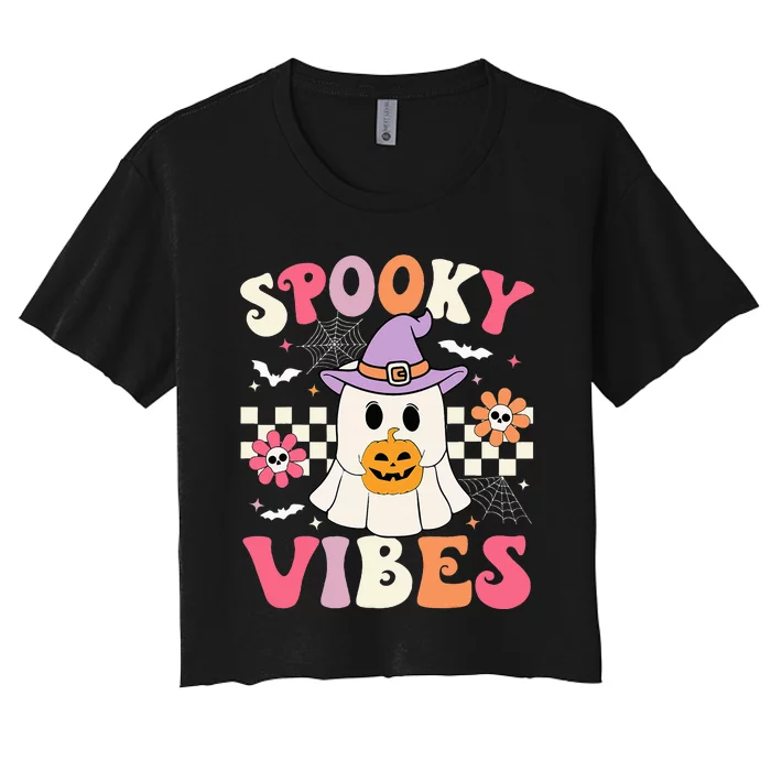 Spooky Vibes Retro Ghost Holding Pumpkin Halloween Women's Crop Top Tee