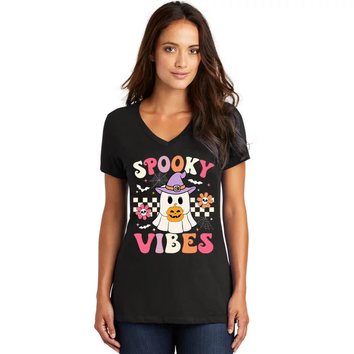 Spooky Vibes Retro Ghost Holding Pumpkin Halloween Women's V-Neck T-Shirt