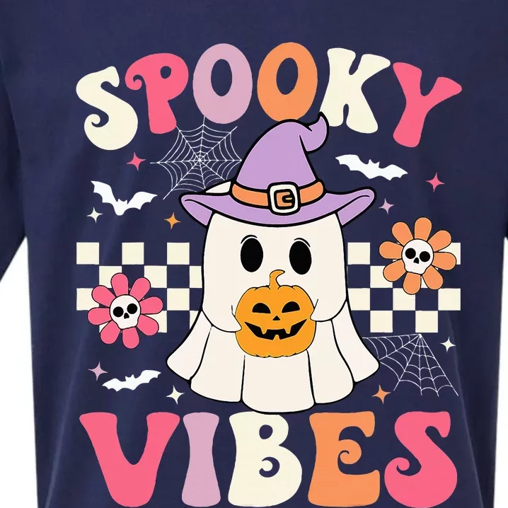 Spooky Vibes Retro Ghost Holding Pumpkin Halloween Sueded Cloud Jersey T-Shirt