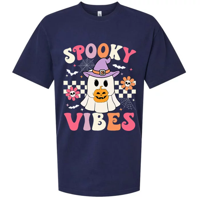 Spooky Vibes Retro Ghost Holding Pumpkin Halloween Sueded Cloud Jersey T-Shirt